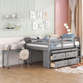 JIVOIT Full Size Low Loft Bed with Retractable Writing Desk, Storage Bed with 4 Drawers and Shelves, Wooden Loft Bed with Lateral Portable Desk for Kids Teens Adults Bedroom (Gray,Full,9)