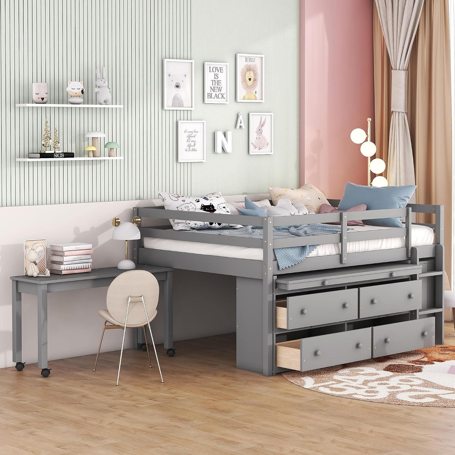 JIVOIT Full Size Low Loft Bed with Retractable Writing Desk, Storage Bed with 4 Drawers and Shelves, Wooden Loft Bed with Lateral Portable Desk for Kids Teens Adults Bedroom (Gray,Full,9)