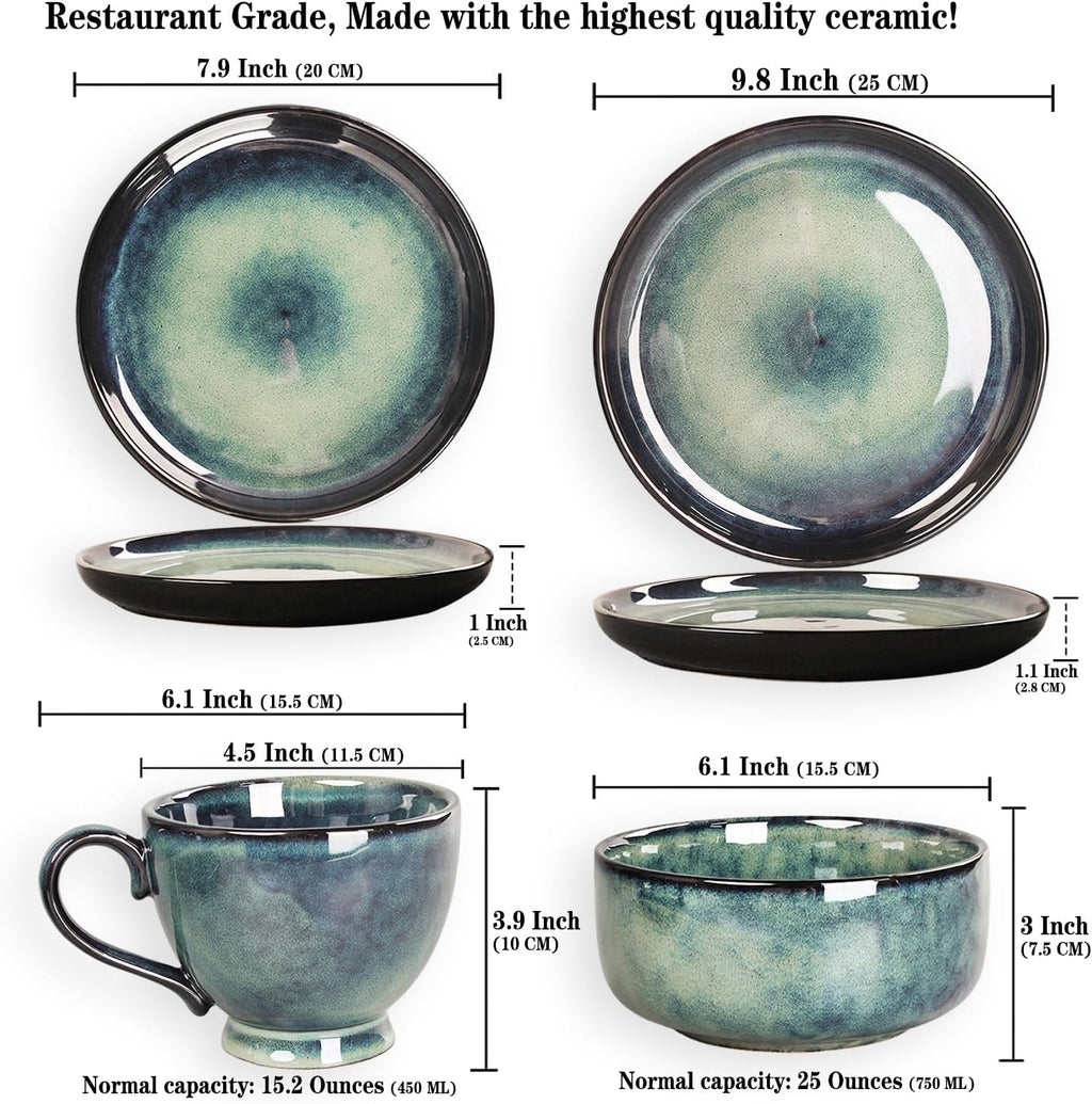 Ceramic Dinnerware (16 pcs) Serve 4 people, Plates and Bowls Sets,Handmade Reactive Glaze Dishes Set,Chip Resistant and Scratch Resistant,Dishwasher, Microwave Safe