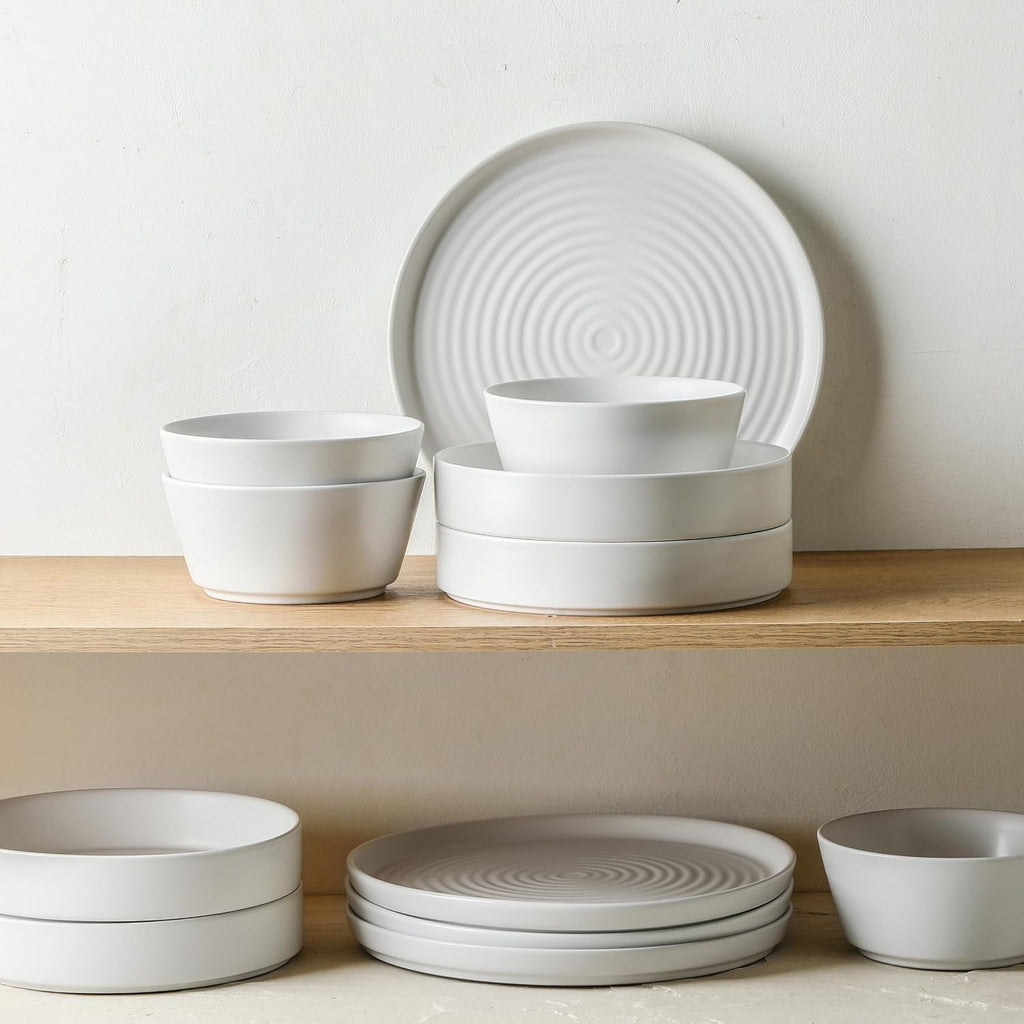 Stone Lain Elica 24-Piece Modern Dinnerware Set Stoneware, Plates and Bowl Sets for 8, White