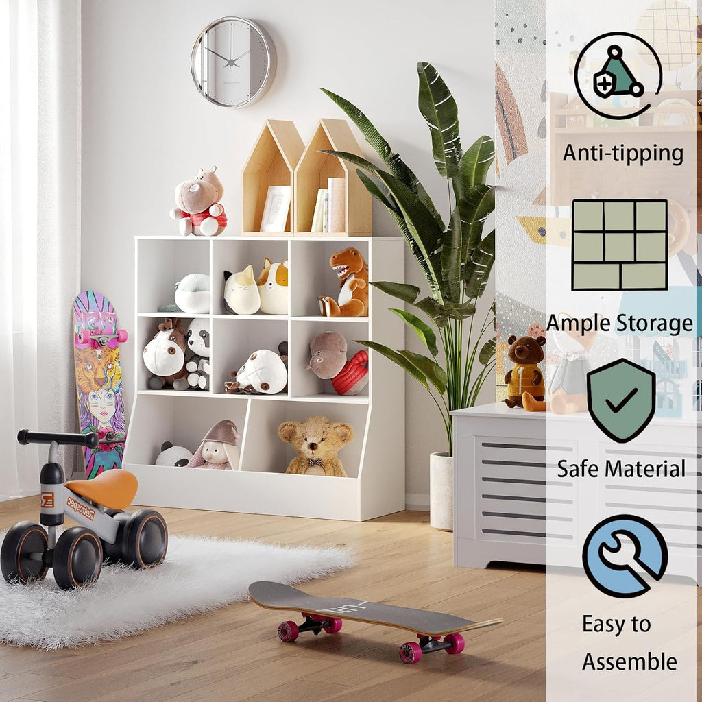 DINZI LVJ Toy Storage Organizer, Kids Bookshelf, Wood Toy Storage Cabinet, 3-Tier 8 Cubby Children Bookcase, 39.4' L Toddler Book Shelf for Playroom, Living Room, Nursery, Hallway, Classroom, White