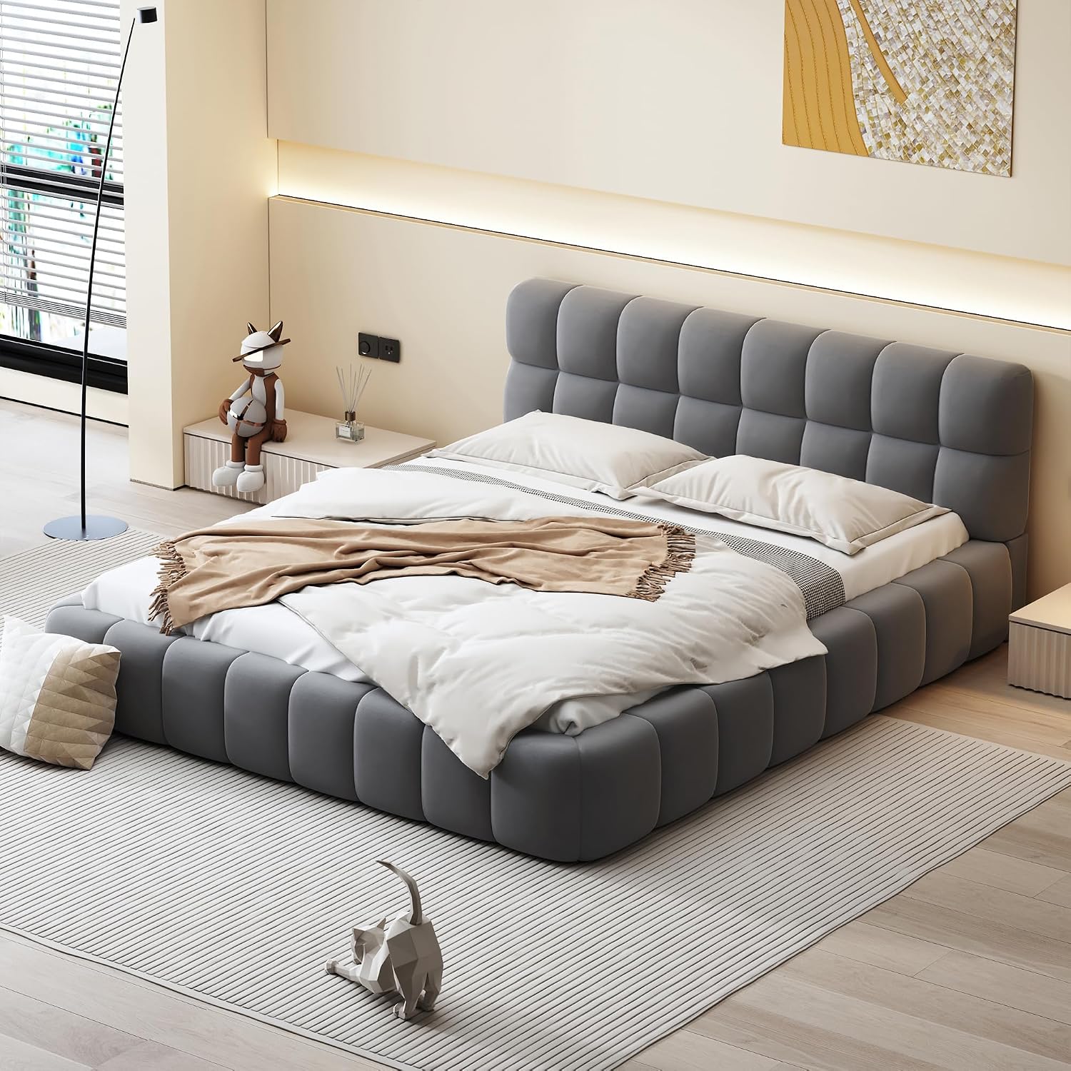 Queen Size Upholstered Platform Bed with Thick Fabric, Grounded Bed with Solid Frame,Wood Slat Support, No Box Spring Needed,Easy Assembly,Bedroom Set (C+Gray)