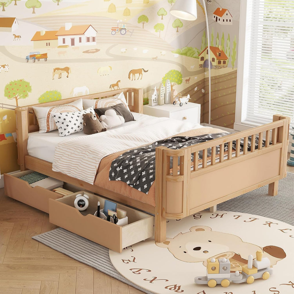 Harper & Bright Designs Full Size Low Platform Bed Frame, Daybed with Fence and Drawers, Low Profile Bed for Kids Bed Room, Natural