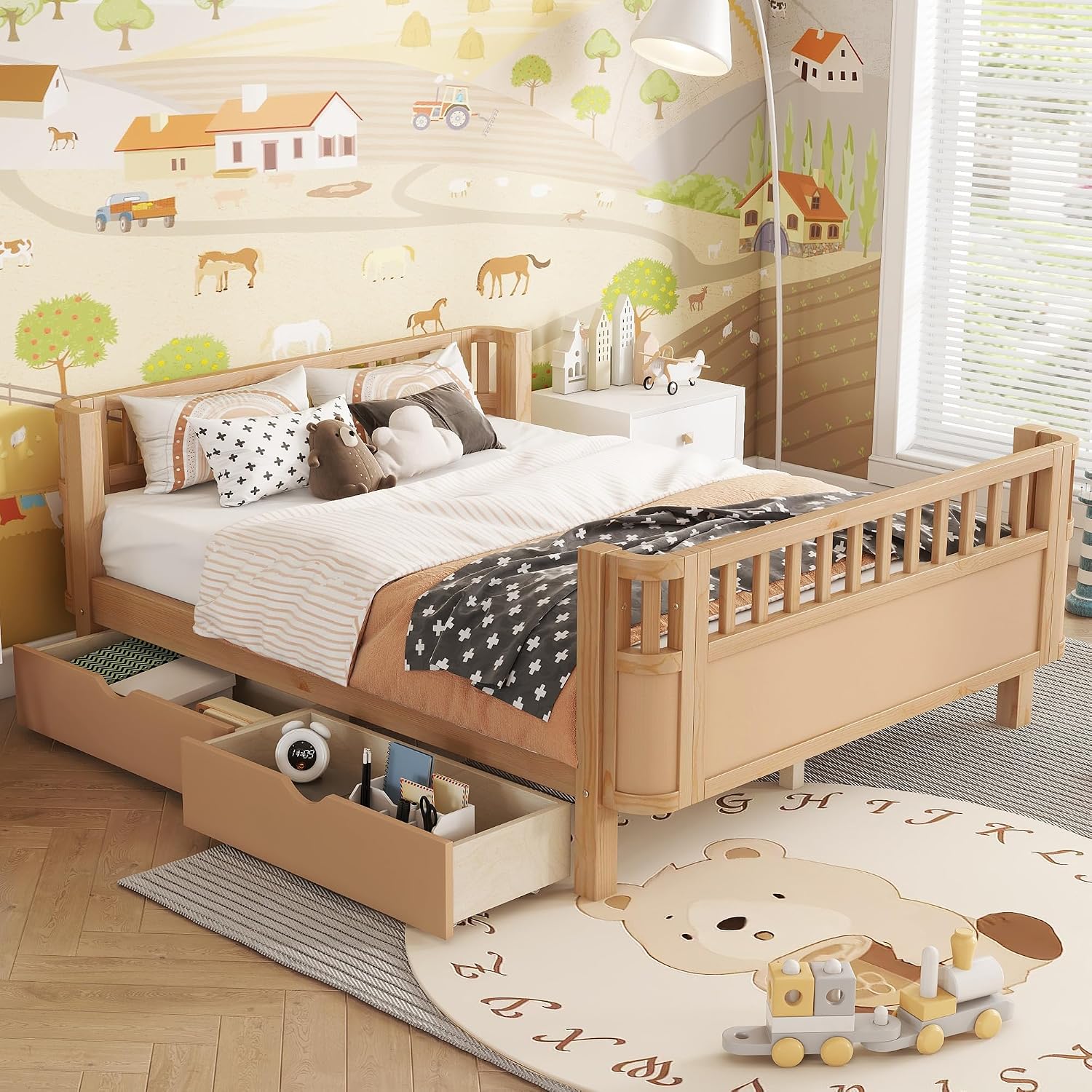 Harper & Bright Designs Full Size Low Platform Bed Frame, Daybed with Fence and Drawers, Low Profile Bed for Kids Bed Room, Natural