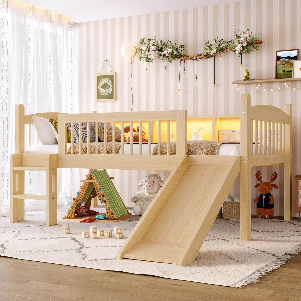 JIVOIT Twin Loft Bed with Storage Shelves, Solid Wood Lower Loft Bed with Full-Length Guardrails, Wood Slats Support, Space-Saving Design, No Box Spring Needed (Natural,Twin,51)