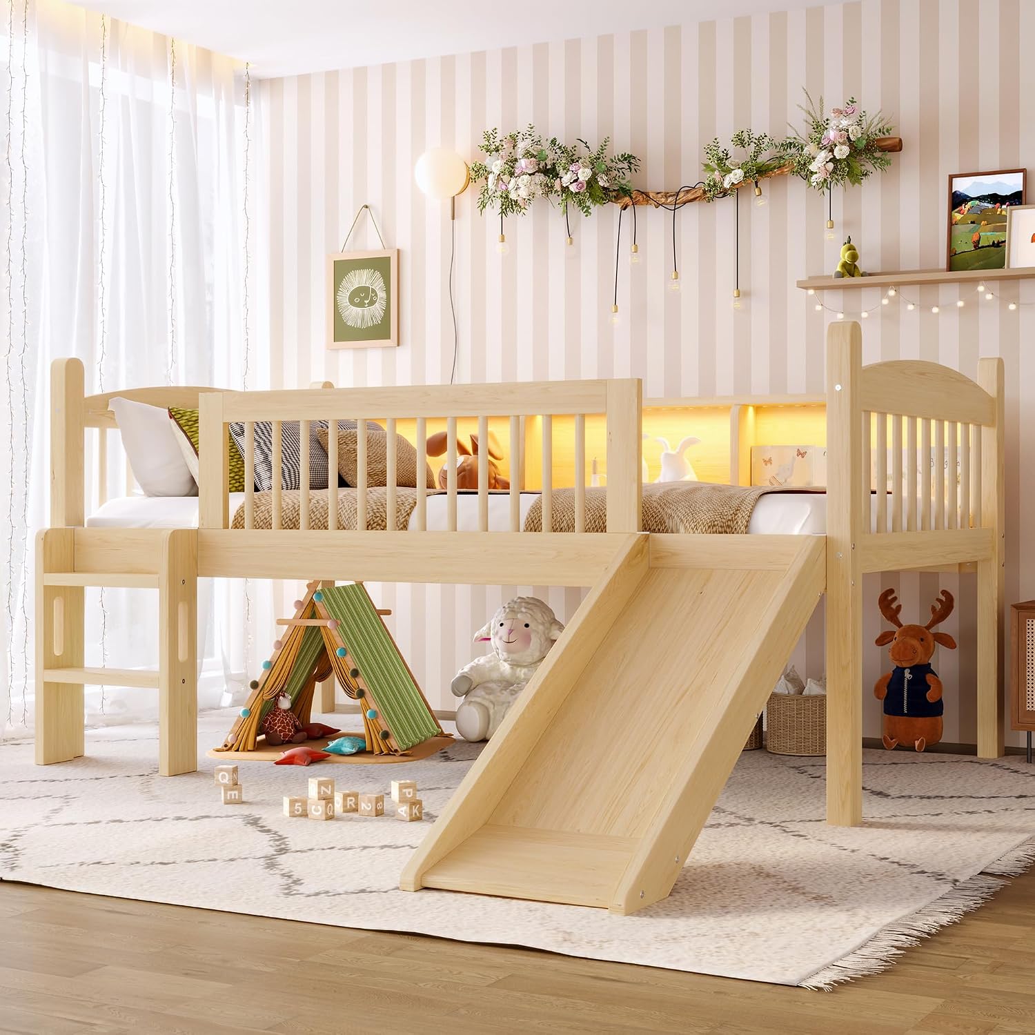 JIVOIT Twin Loft Bed with Storage Shelves, Solid Wood Lower Loft Bed with Full-Length Guardrails, Wood Slats Support, Space-Saving Design, No Box Spring Needed (Natural,Twin,51)