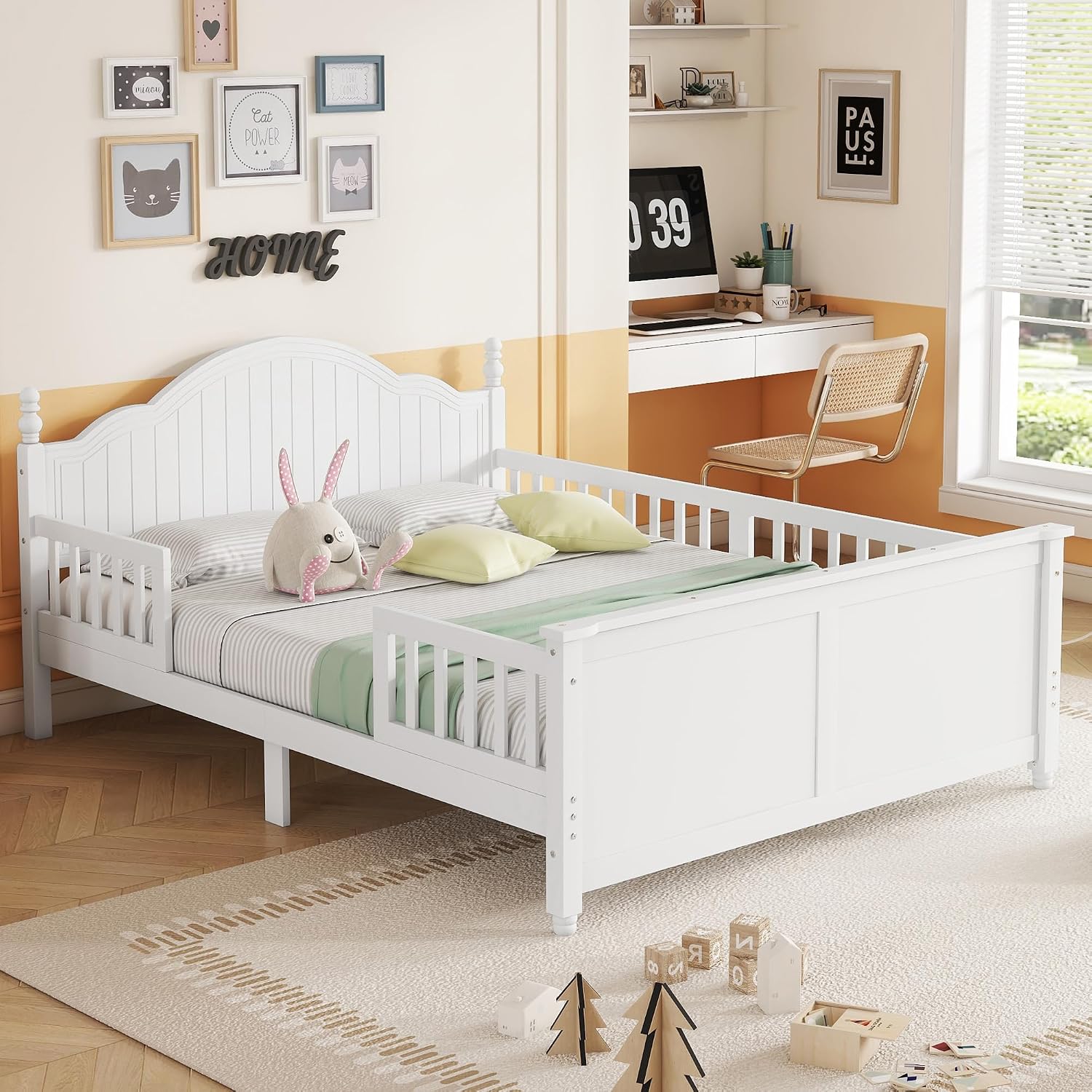 KEIKI Full Size Wooden Floor Bed w/Safety Removable Rails, Kids Platform DayBed Frame w/Headboard, Low Profile, Space Saving Day Beds for Boys Girls Bedroom, No Box Spring Needed, Easy Assembly, White
