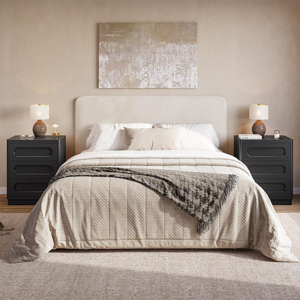 26.2' Tall Nightstand Set of 2, 21.7' W Night Stand with 3 Storage Drawers, Wood Beside Table, Rounded Corner Design for Bedroom (Black)