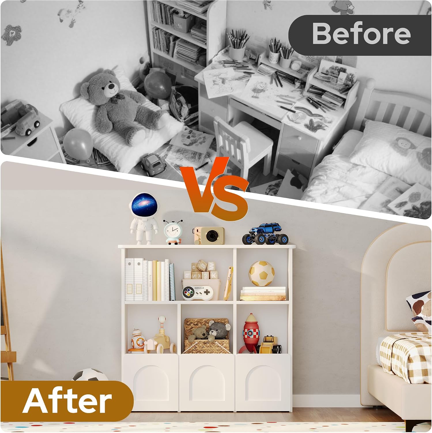 knoworld Kids Bookshelf with Toy Storage, Hidden Bookshelf Organizer with 3 Hidden Roller Drawer and 5 Open Cubbies for Kid Room,Living Room,White
