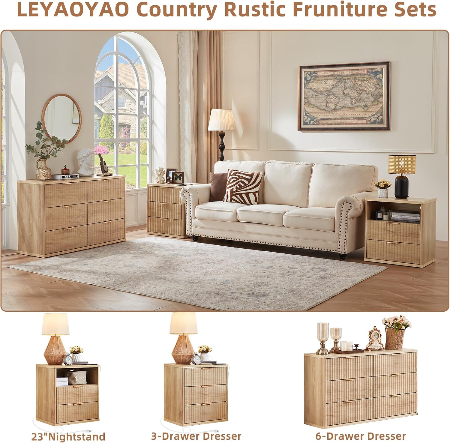 LEYAOYAO Fluted 6 Drawers Dresser for Bedroom, 48' Wide Modern Chest of Drawers with Metal Handle, Natural Curved Profile Farmhouse Closet Organizer Wood Dressers TV Stand for Living Room, Hallway