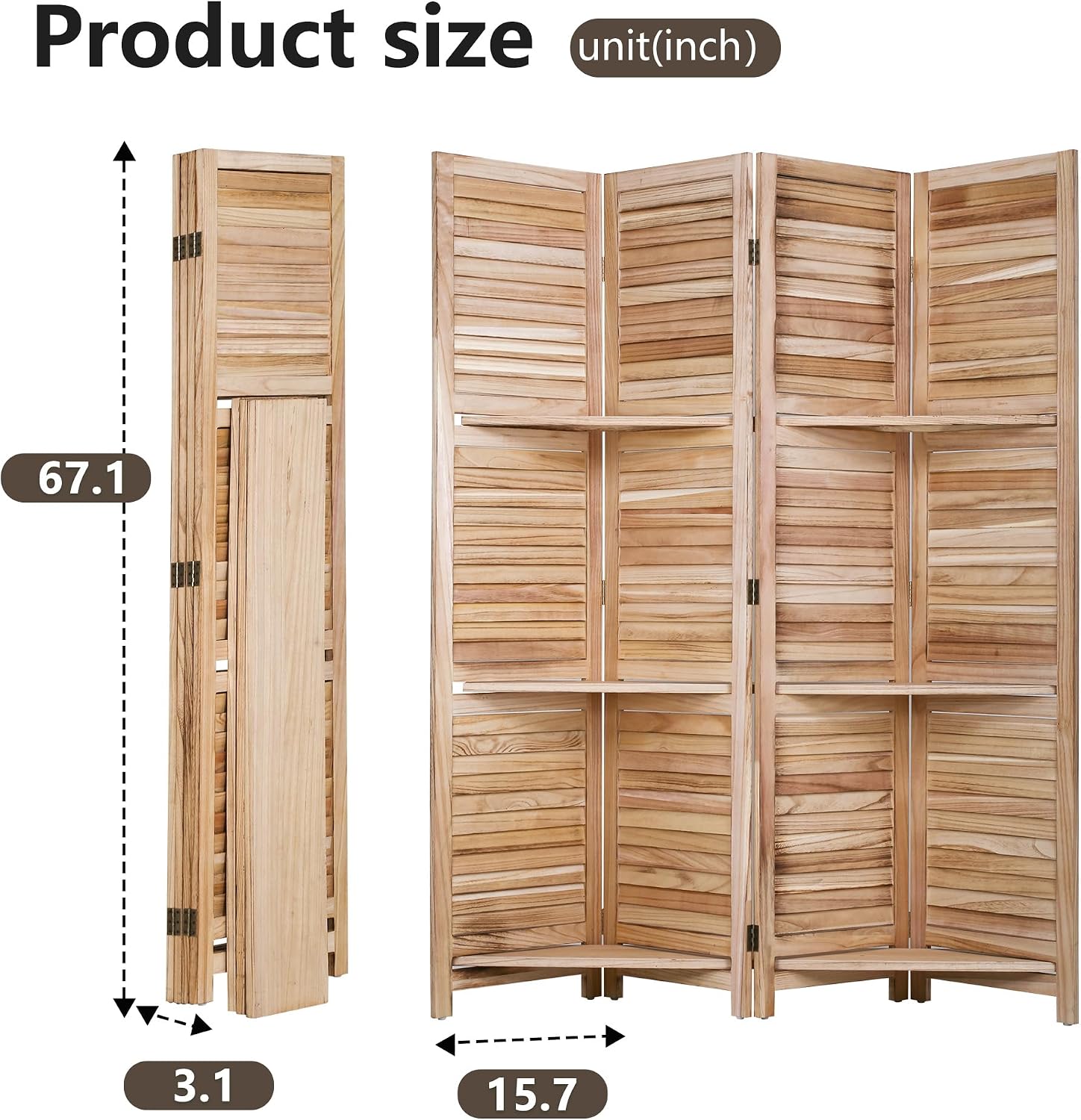 FDW 4 Panel Room Divider Folding Privacy Wooden Screen with Three Clever Shelf Portable Partition Wood Divider for Home Office, Natural Wood