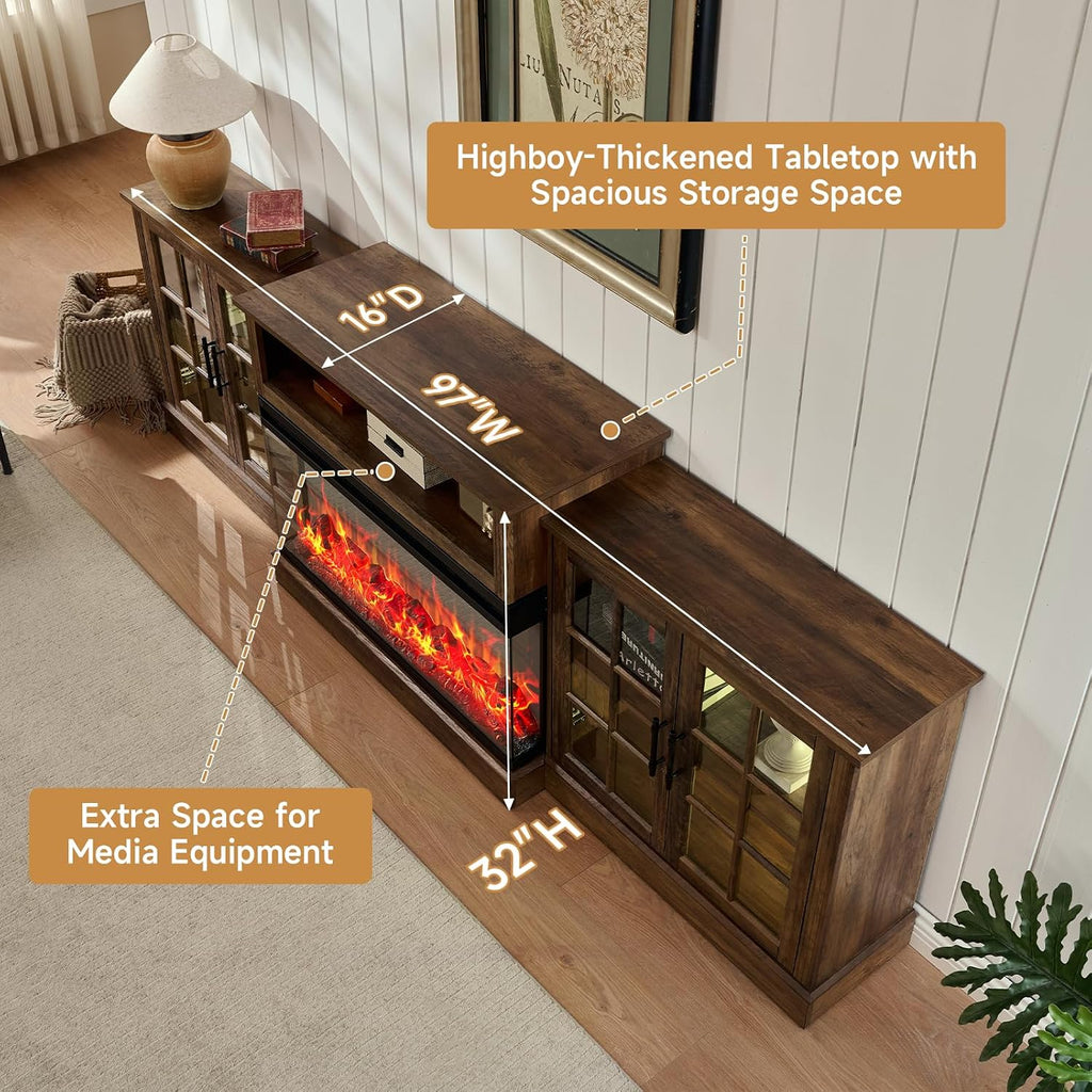 ROCKPOINT 97' Classical Farmhouse Fireplace TV Stand with 3 Sided Glass 36' Electric Fireplace Heater for TVs up to 100',Entertainment Center with Adjustable Shelves and Storage Cabinets,Espresso