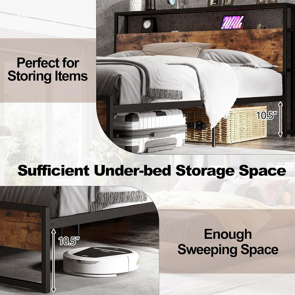 Giantex Queen Bed Frame with 2 Storage Drawers and Charging Station, Industrial Platform Bed Frame with 2-Tier Storage Headboard, Rustic Metal Slats Support Mattress Foundation, No Box Spring Needed
