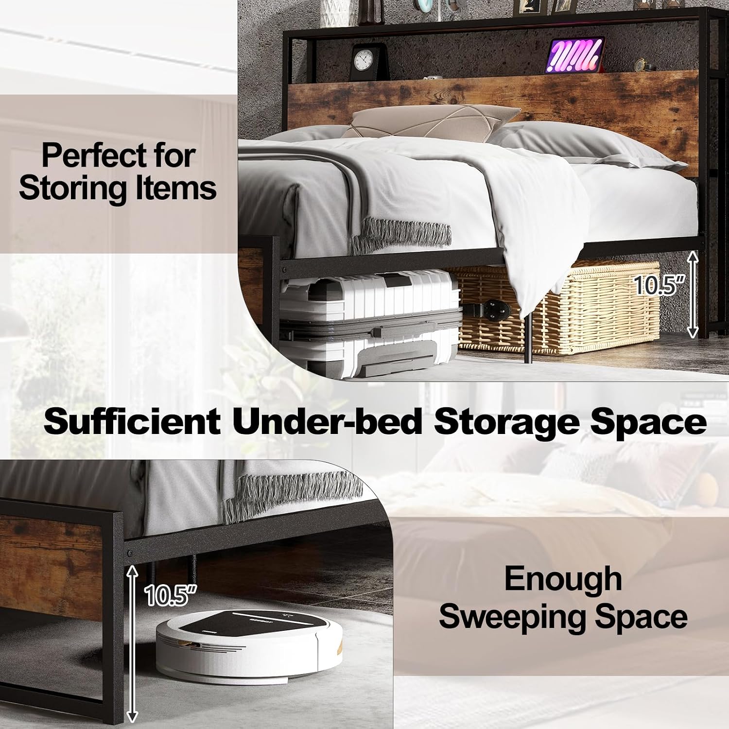 Giantex Queen Bed Frame with 2 Storage Drawers and Charging Station, Industrial Platform Bed Frame with 2-Tier Storage Headboard, Rustic Metal Slats Support Mattress Foundation, No Box Spring Needed