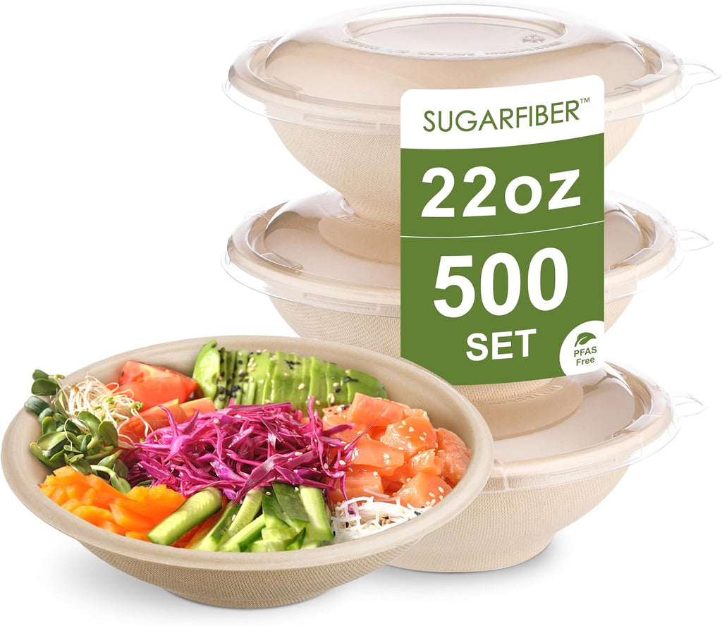[500 SET]Sugarfiber by Harvest Pack 22oz Round PFAS Free Compostable Bowls with PLA coating with PET Lid -Heavy-Duty Eco-Friendly Disposable Bagasse Sugarcane Bowl for Meal Prep