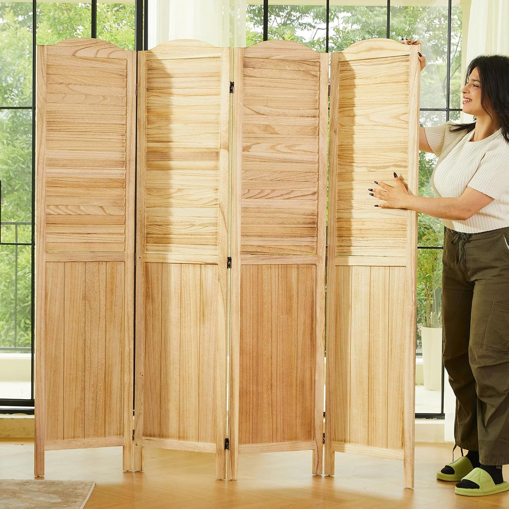 Room Dividers, 5.75Ft Individual Privacy Screens Foldable Wooden Louver & MDF Stable Wall Divider for Home Office Bedroom, 4 Panels (Natural)