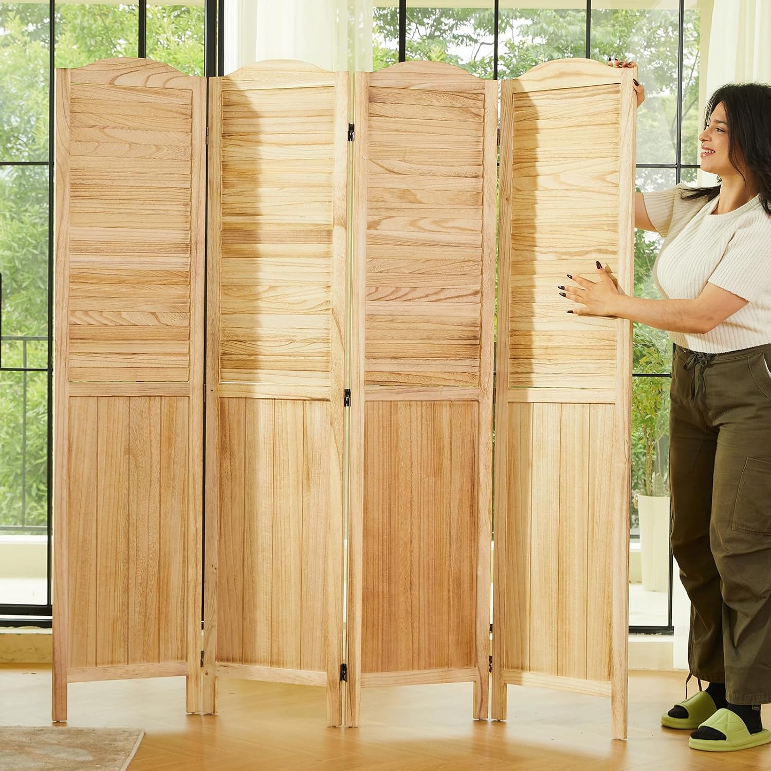 Room Dividers, 5.75Ft Individual Privacy Screens Foldable Wooden Louver & MDF Stable Wall Divider for Home Office Bedroom, 4 Panels (Natural)