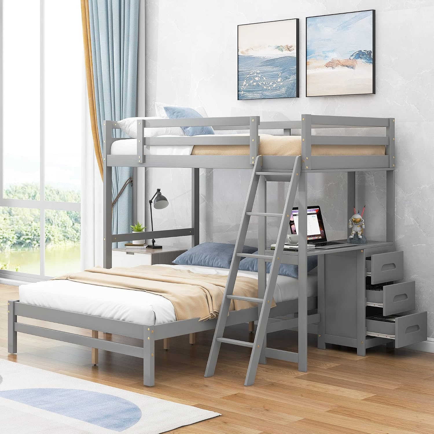 Twin Over Full Bunk Bed with Built-in Desk and Three Drawers,Modern Solid Wood Separate Bed Frame w/Head/Footboards & Guardrail,Easy to Assemble,for Bedroom,Apartment,Grey