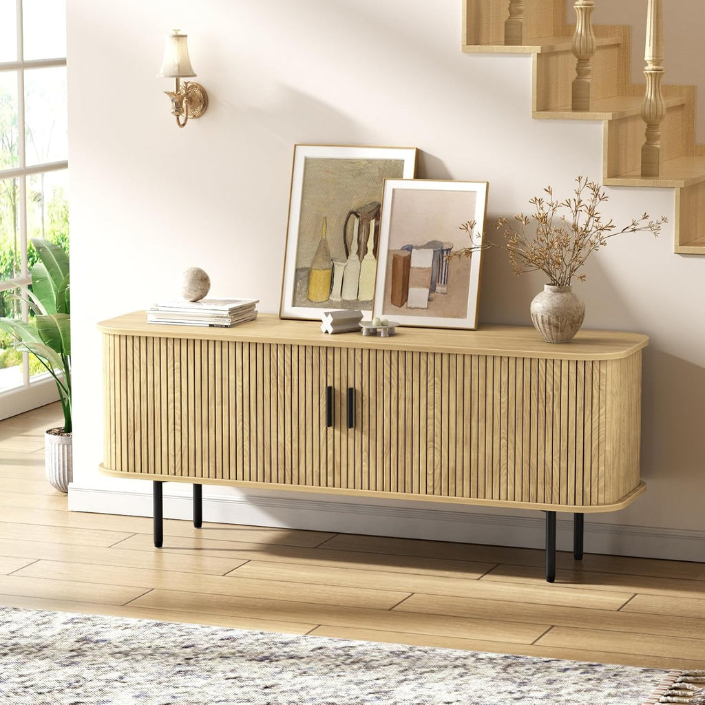 FiveWillowise 55' Natural Fluted TV Stand for TVs up to 65 Inch, Gaming Entertainment Center with Tambour Slatted Sliding Doors and Storage Cabinet, Media TV Consoles Table for Living Room, Office