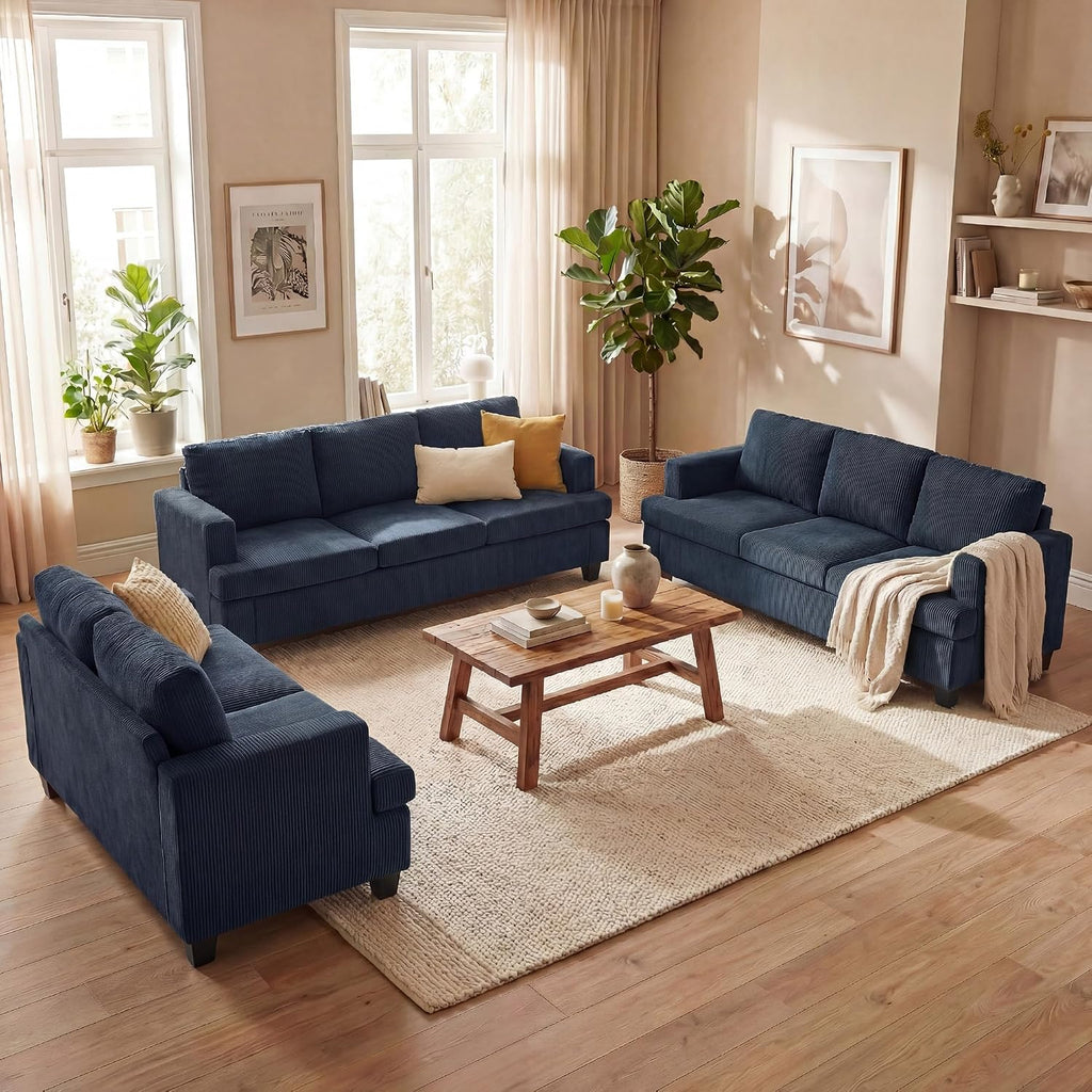 Fiona's magic 8 Seats Couch Set, 3 Piece Set Comfy Sofa, 3 Seater*2 & Loveseat Sofa with Deep Seats for Living Room, Modern Sleeper Couch, Blue Corduroy