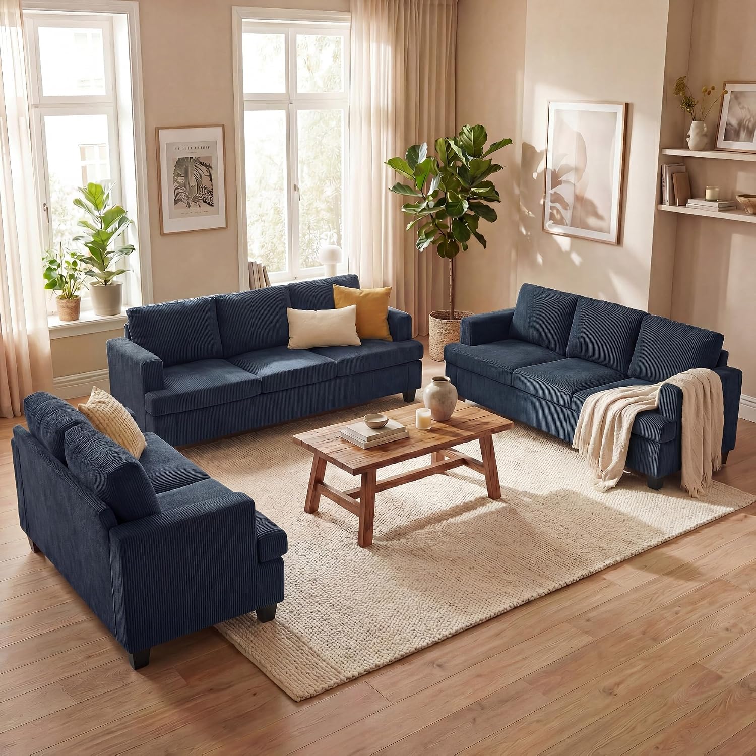 Fiona's magic 8 Seats Couch Set, 3 Piece Set Comfy Sofa, 3 Seater*2 & Loveseat Sofa with Deep Seats for Living Room, Modern Sleeper Couch, Blue Corduroy