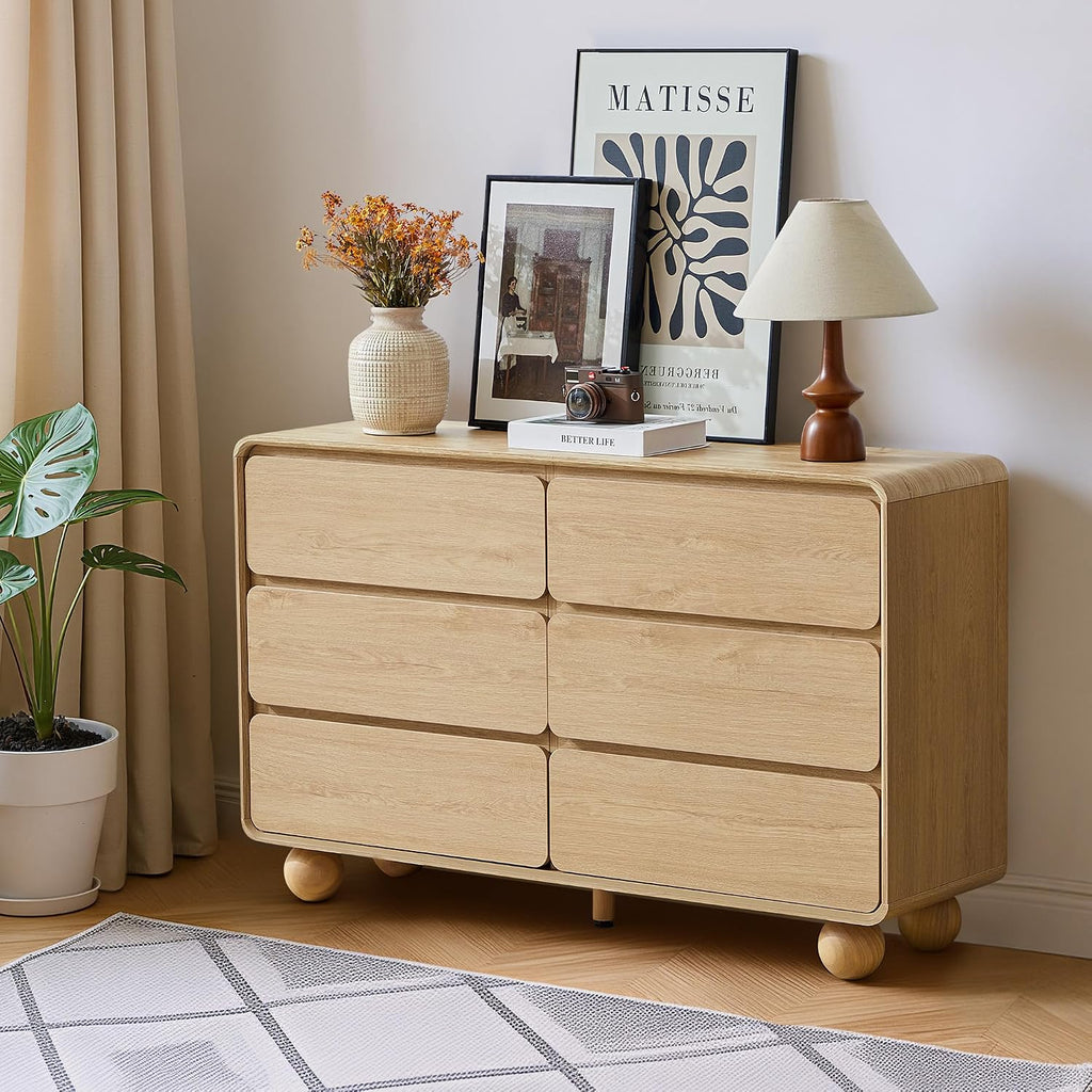 AVZEAR 6 Drawer Dresser for Bedroom, 48' Modern Wooden Dresser Chest of Drawers, Curved Profile Design, Closet Clothes Storage Organizer for Kids Bedroom, Living Room, Nursery, Natural Color