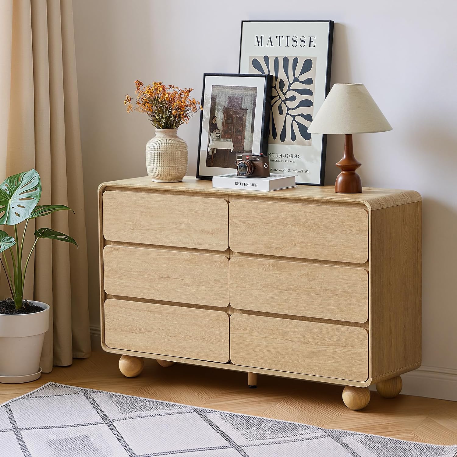 AVZEAR 6 Drawer Dresser for Bedroom, 48' Modern Wooden Dresser Chest of Drawers, Curved Profile Design, Closet Clothes Storage Organizer for Kids Bedroom, Living Room, Nursery, Natural Color