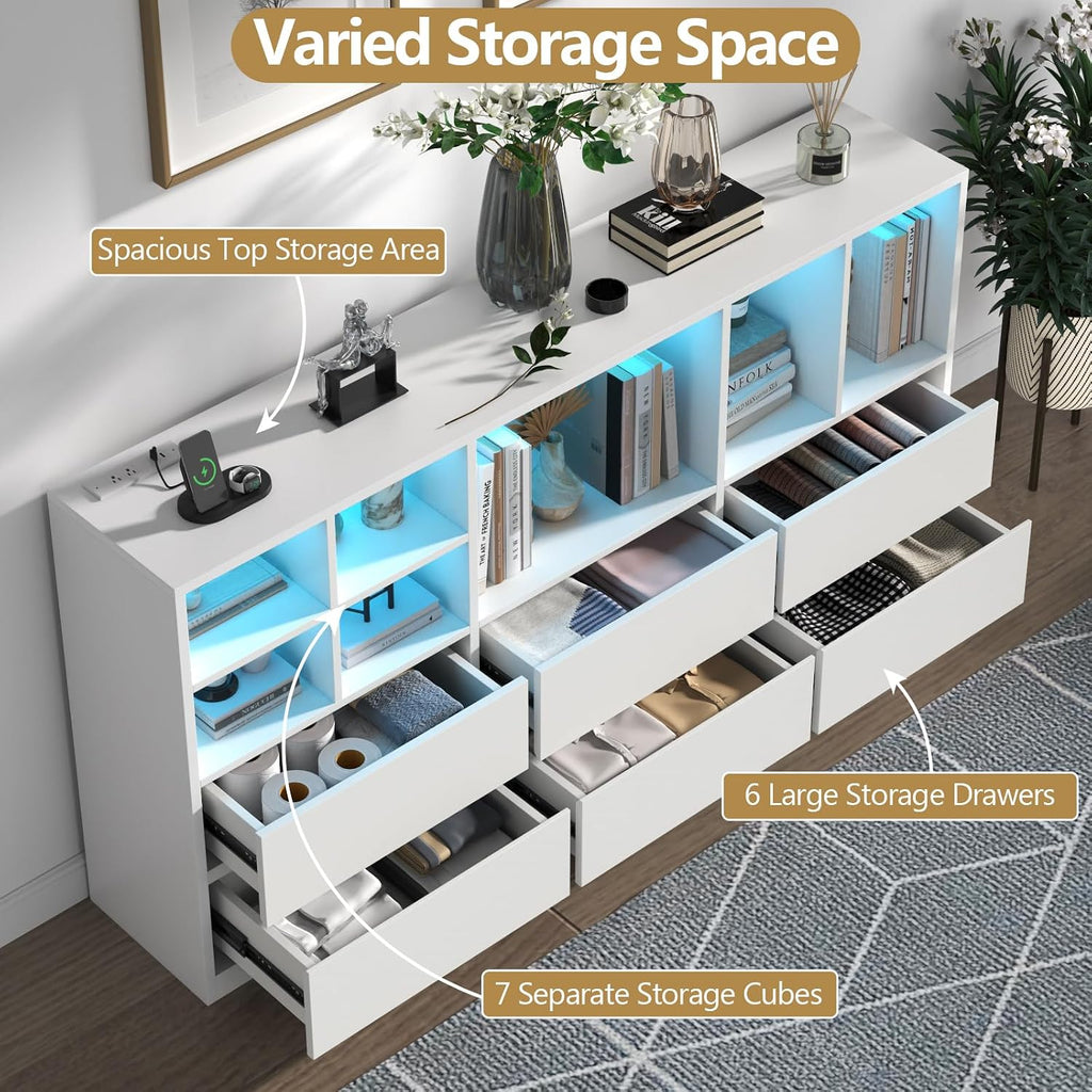 6 Drawers Dresser with 7 Storage Cubbies, LED Chest of Drawers with Power Outlet, 63' Triple Wide Long Dresser Organizer for Bedroom, Modern TV Stand with Open Shelf for Living Room, Entryway (White)