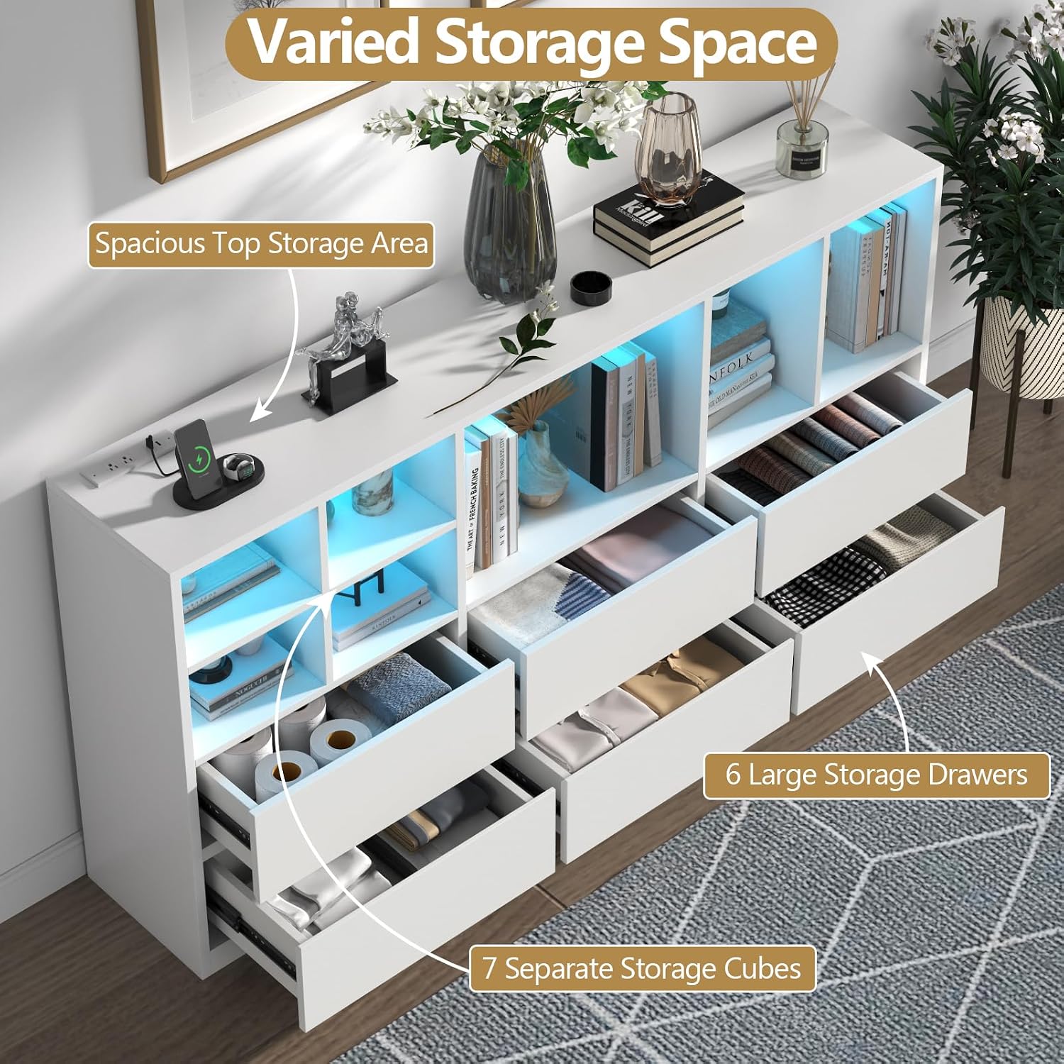 6 Drawers Dresser with 7 Storage Cubbies, LED Chest of Drawers with Power Outlet, 63' Triple Wide Long Dresser Organizer for Bedroom, Modern TV Stand with Open Shelf for Living Room, Entryway (White)