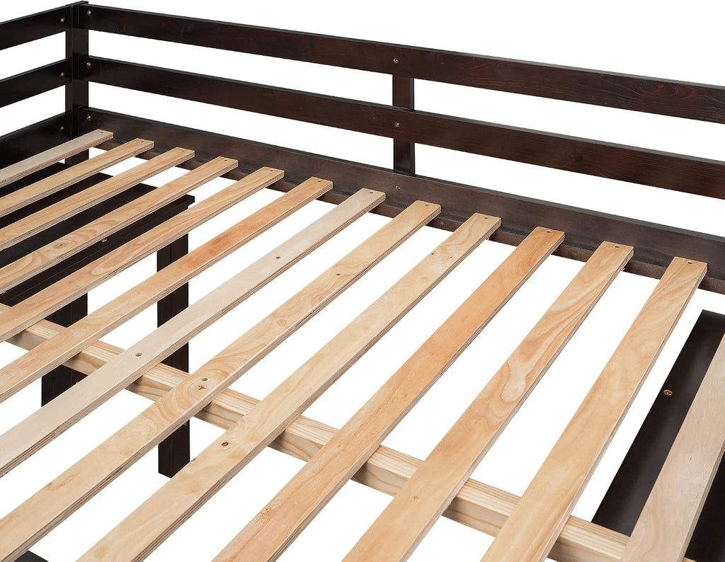 Full Size Low Loft Bed with Rolling Portable Desk, Wooden Loft Bed with Cabinet/Bookshelf/Drawers/Open Shelves for Kids Teens Adults, No Box Spring Required (Espresso-Full-Rolling Portable Desk)