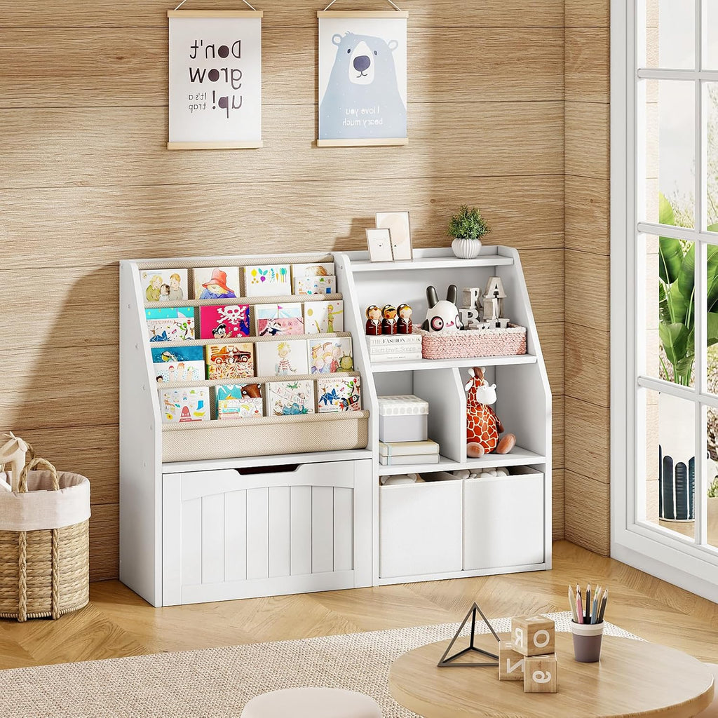 CHOEZON Kids Bookshelf, Children's Bookcase with 4 Sling Book Shelves, Toy Storage Cubby, Fabric Storage Baskets, Wooden Book Shelf for Kids' Room, Playroom, Nursery, Living Rooms, White MCW17WB