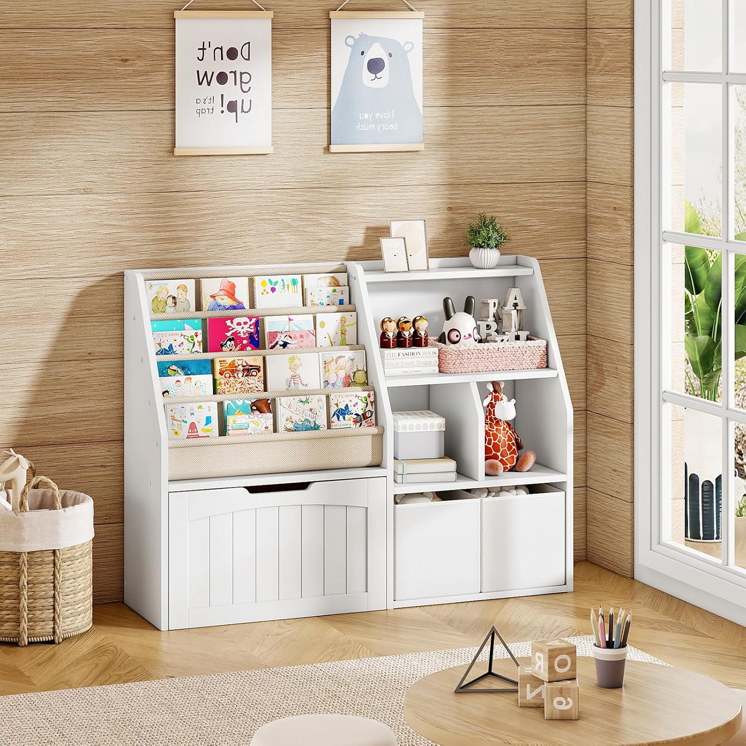 CHOEZON Kids Bookshelf, Children's Bookcase with 4 Sling Book Shelves, Toy Storage Cubby, Fabric Storage Baskets, Wooden Book Shelf for Kids' Room, Playroom, Nursery, Living Rooms, White MCW17WB