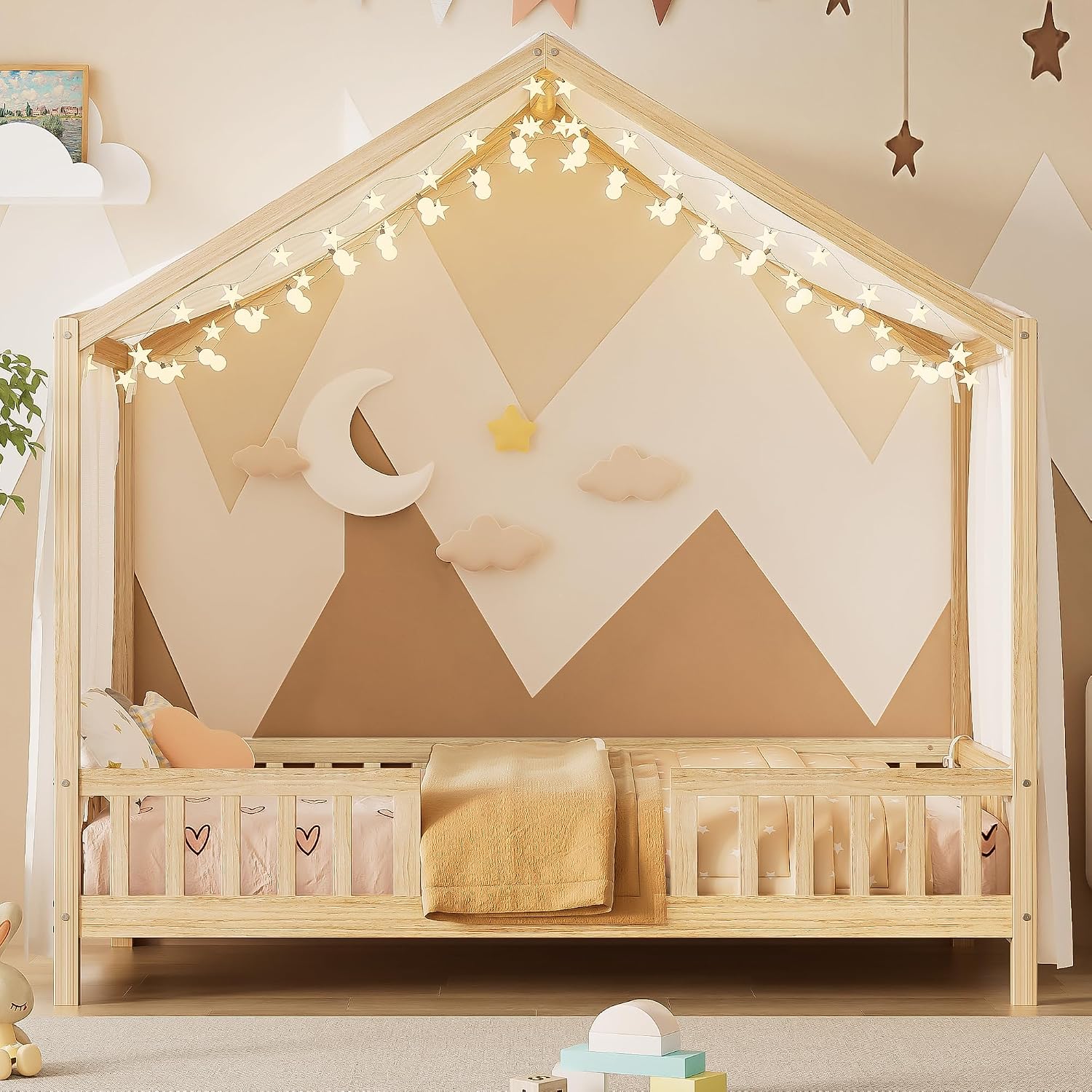 Twin Size House-Shape Bed with Canopy and High Railings, Wood Kids Bed Frame with Roof (Natural, Twin)