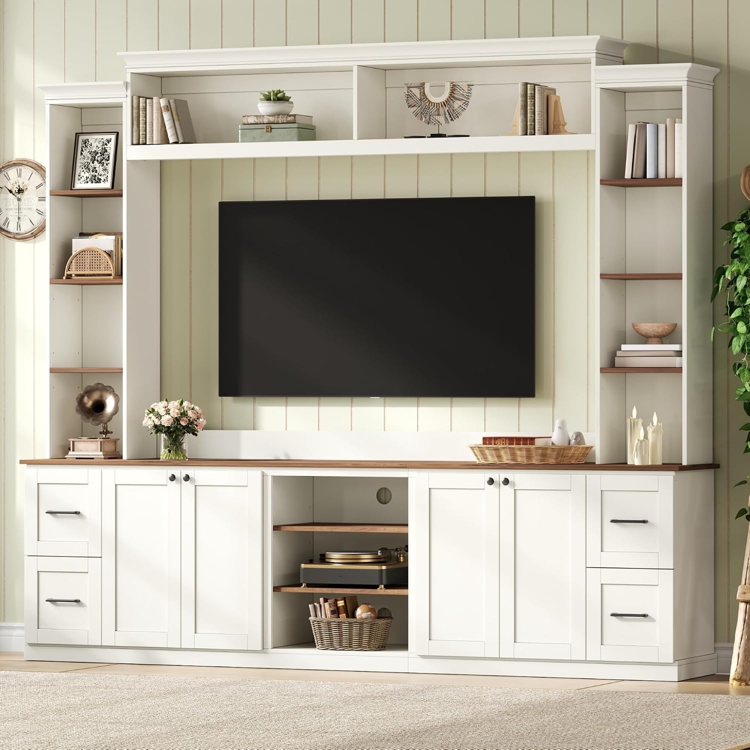 4-Piece Entertainment Center Wall Unit for TVs up to 70', Large TV Stand with Bookcase, 6 Drawers & Adjustable Shelves, Elegant Large Wall Media Console Unit for Living Room, White