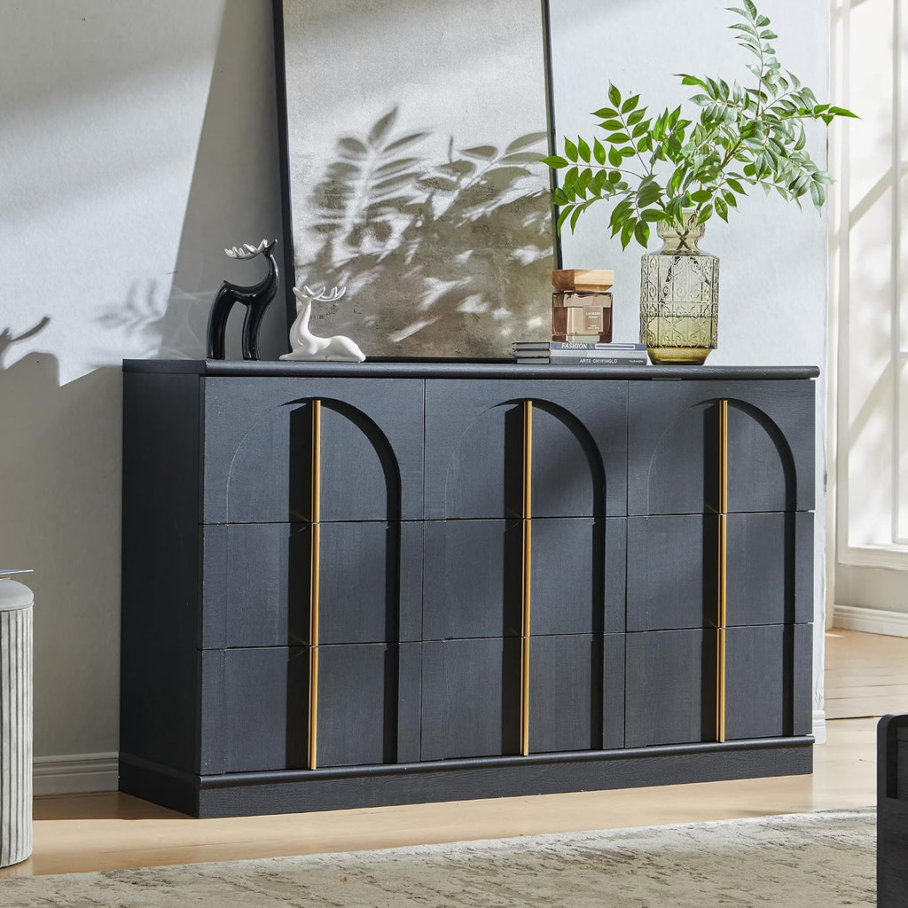 ACCOHOHO Arched Dresser for Bedroom with 9 Drawers, 52' Wide Modern Chest of Drawers with Rounded Edge & Metal Handles, Wood Storage Closet Dressers TV Stand for Living Room, Hallway, Black