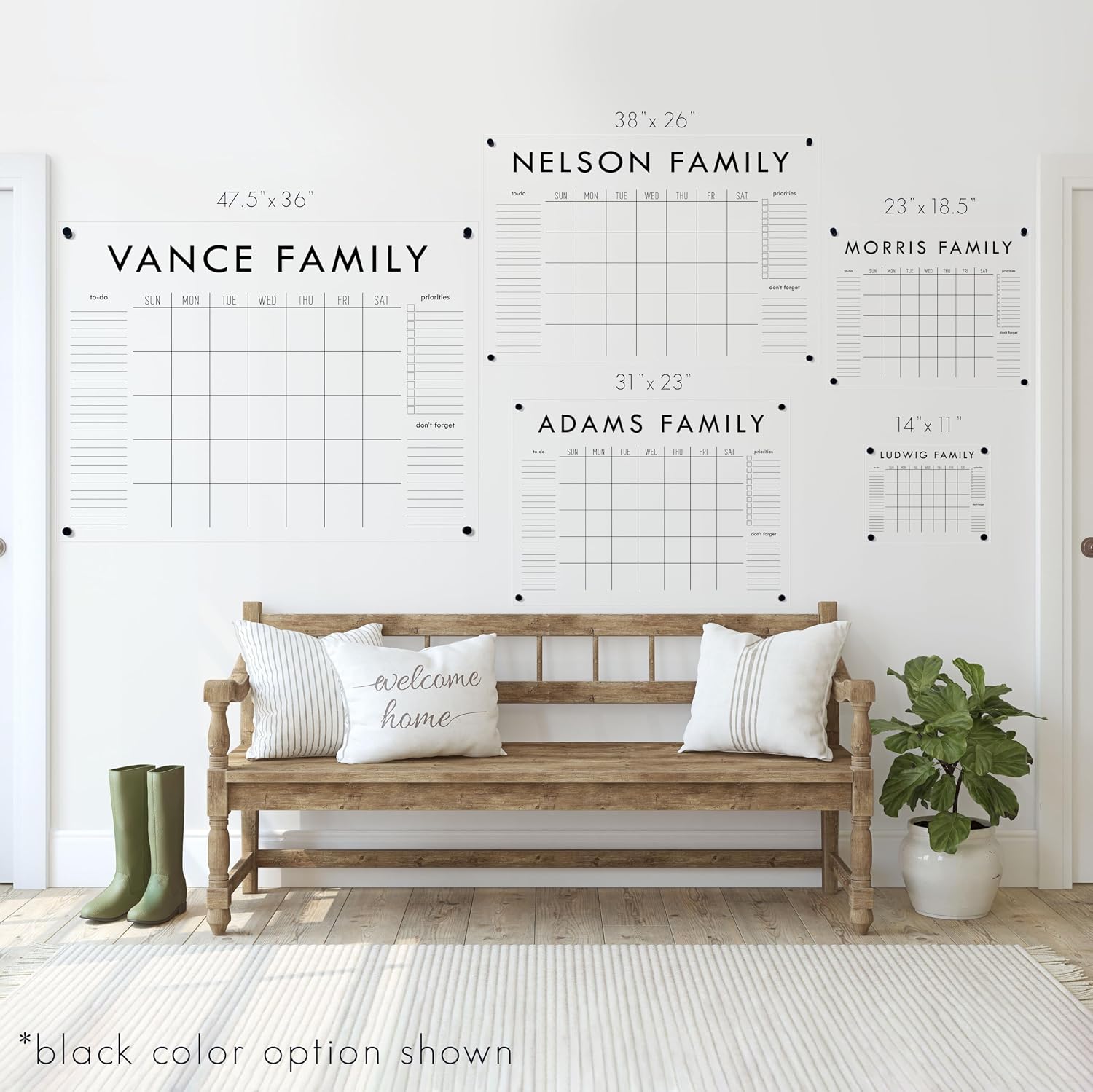 Personalized Clear Acrylic Calendar for Wall, Calendar Whiteboard for Wall, Dry Erase Wall Calendar, Wall Calendar Organizer System for Home (Block, Black, 31'W x 23'H)
