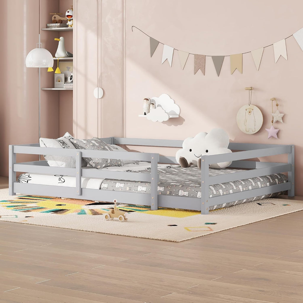 Modern Classic Full Size Bed Frame with Fence, Sturdy Wood Montessori Floor Bed for s, Boys, Girls, Dorm, Bedroom, House, Easy to Assemble, Noise-Free Design, No Box Spring Needed,Grey-Ful