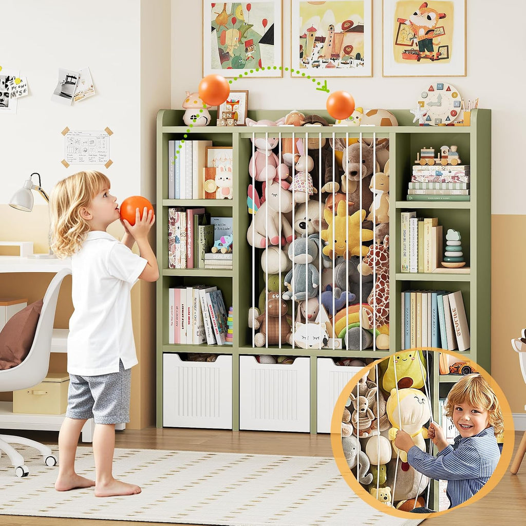 ONBRILL Toy Storage Organizer, Toddler Stuffed Animal Storage, Kids Toy Shelf with 6 Open Cubbies & 4 Movable Toy Chest, Bookshelf for Kids Room Playroom Bedroom Nursery (Green)