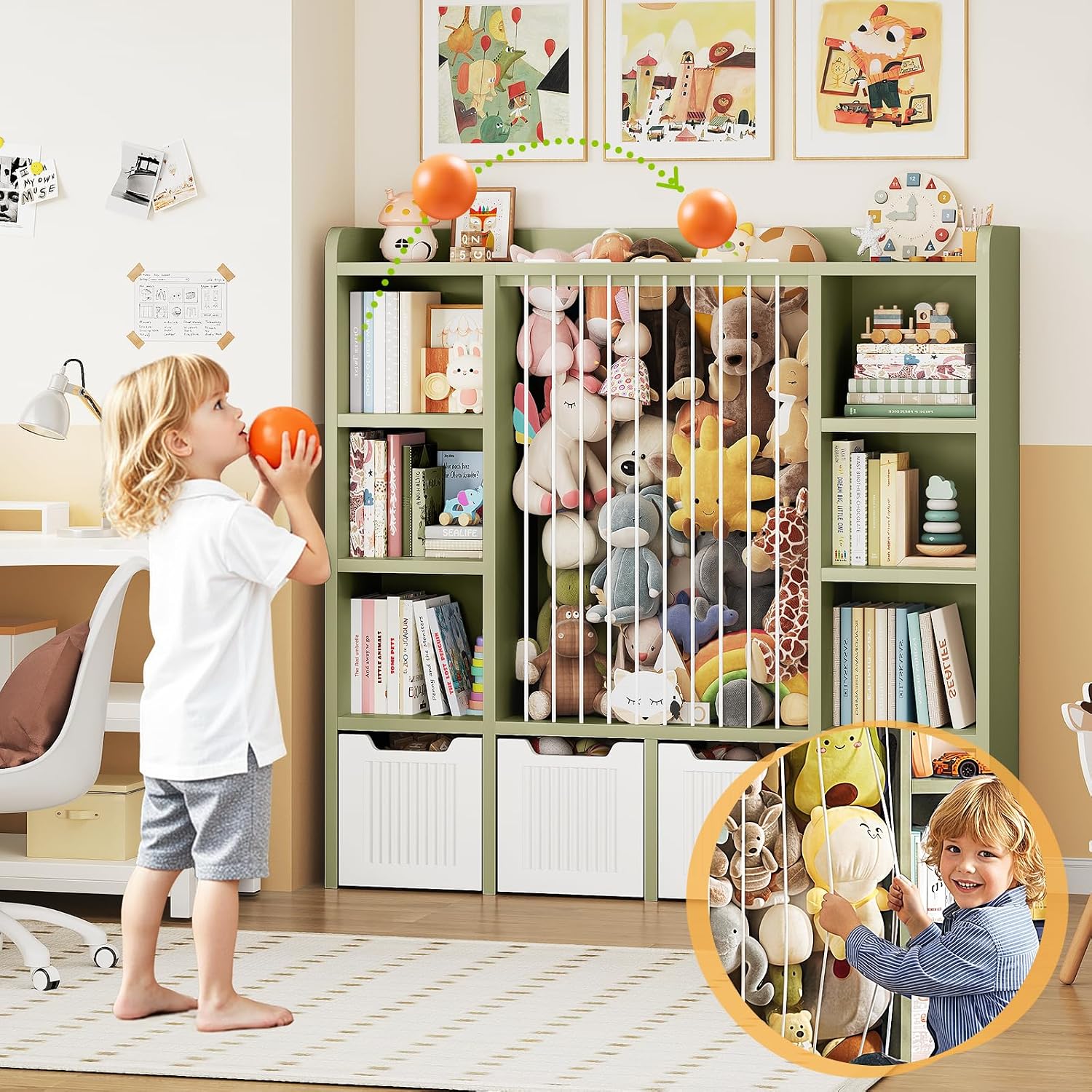 ONBRILL Toy Storage Organizer, Toddler Stuffed Animal Storage, Kids Toy Shelf with 6 Open Cubbies & 4 Movable Toy Chest, Bookshelf for Kids Room Playroom Bedroom Nursery (Green)
