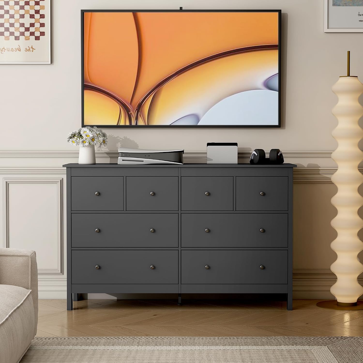 wanan 8 Drawer Dresser, 50' Modern Black Dressers Chests of Drawers, 8 Drawers Wide Dresser for Bedroom