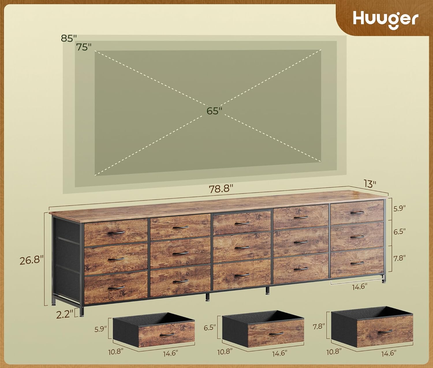 Huuger 78.7 inch Long Dresser for Bedroom, 15 Drawer Fabric Dresser for Closet, Large TV Stand for 65, 75, 85 inch TV, Wide Chest of Drawer with Storage, 78.7' W x 12.9' D x 26.7' H, Rustic Brown