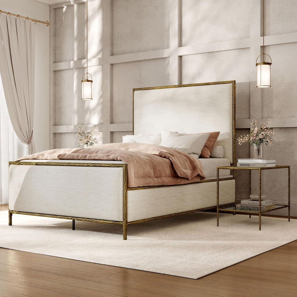 24/7 Shop at Home Lalia Hammered Metal 3-Piece Bedroom Collection, Upholstered Bed Frame with Beige Fabric Headboard, Forged Steel and 1-Shelf Nightstands, Foundation Required, Full, Matte Gold