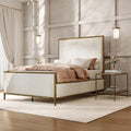 24/7 Shop at Home Lalia Hammered Metal 3-Piece Bedroom Collection, Upholstered Bed Frame with Beige Fabric Headboard, Forged Steel and 1-Shelf Nightstands, Foundation Required, Full, Matte Gold