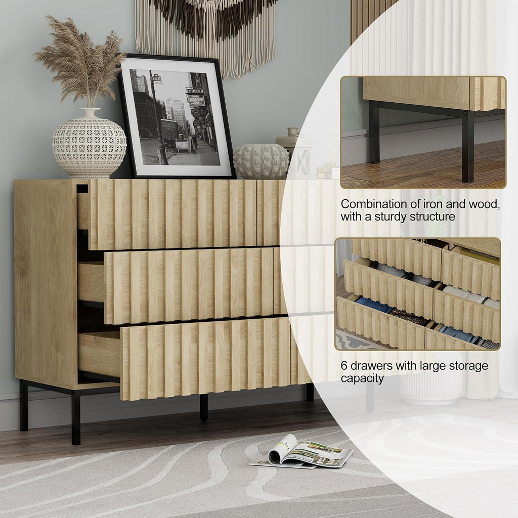 UEV Fluted Dresser for Bedroom with 6 Drawer, 47' Double Chest of Drawers with Metal Stand, Mid-Century Accent TV Stand, Wooden Closet Storage Organizer for Living Room, Hallway (Ivory White)