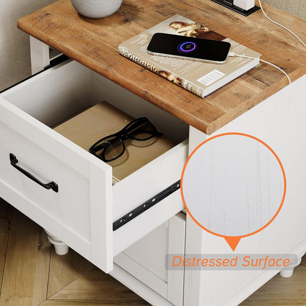 WAMPAT Set of 2 Night Stands with 2 Drawers, Mid-Century Modern Nightstands with Charging Station, Off White Bedside Table Light Wood End Tables for Bedroom