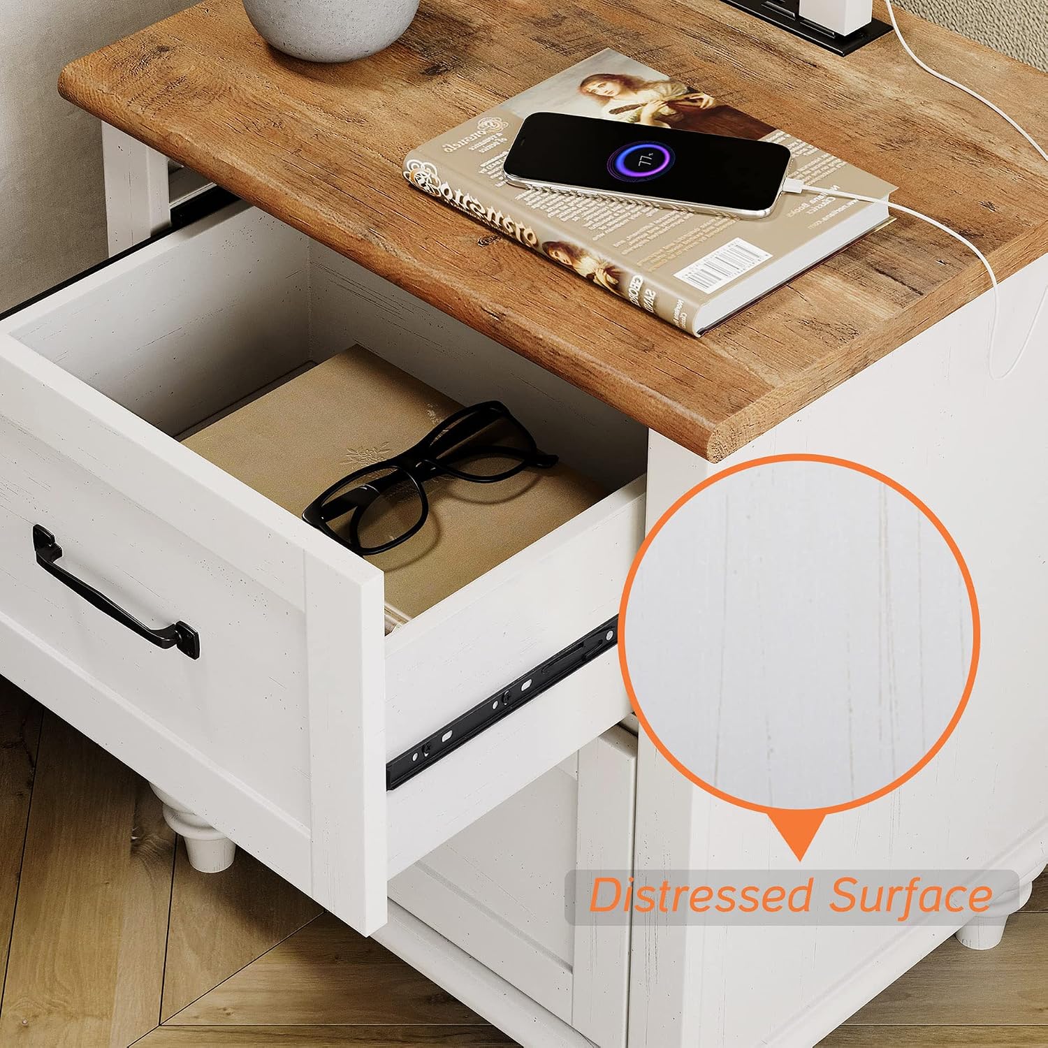 WAMPAT Set of 2 Night Stands with 2 Drawers, Mid-Century Modern Nightstands with Charging Station, Off White Bedside Table Light Wood End Tables for Bedroom