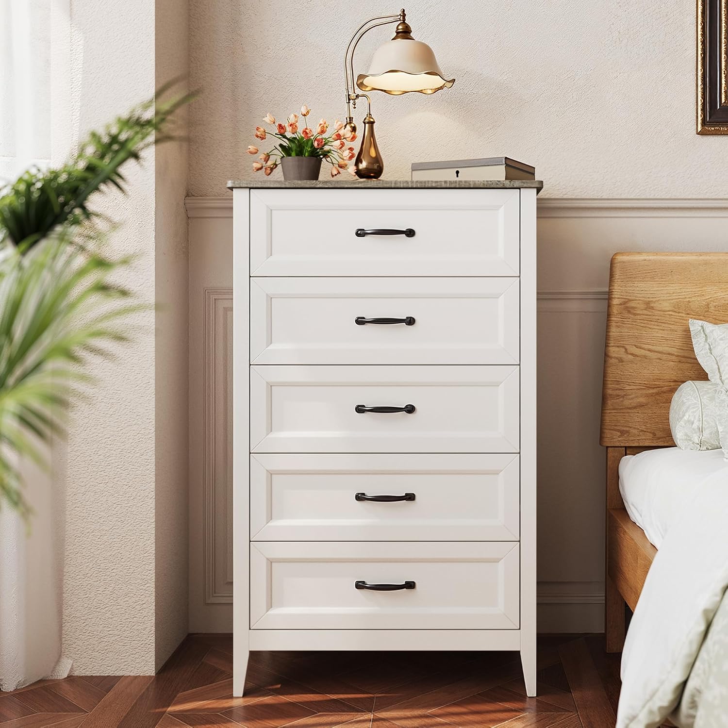 Gizoon 5 Drawer Dresser, 44.8' H Wood Chest of Drawers, White Dresser for Bedroom, with Smooth Rail, Metal Handles, Anti-tip Device, Modern Chest, for Living Room, Hallway, Black