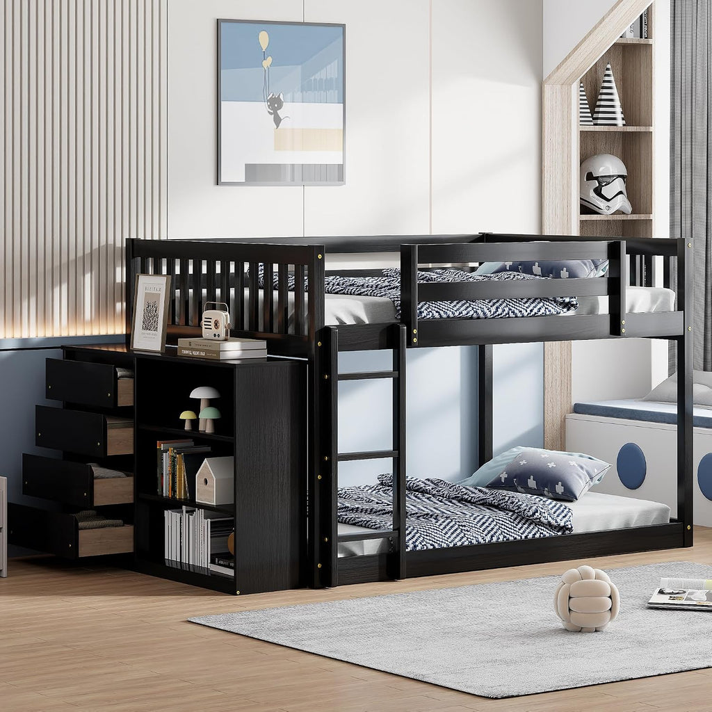Merax Full Over Full Bunk Bed with 4 Storage Drawers and 3 Shelves, Wooden Floor Bunk Bedframe with Guardrail & Ladders, No Box Spring Needed, Easy Assembly