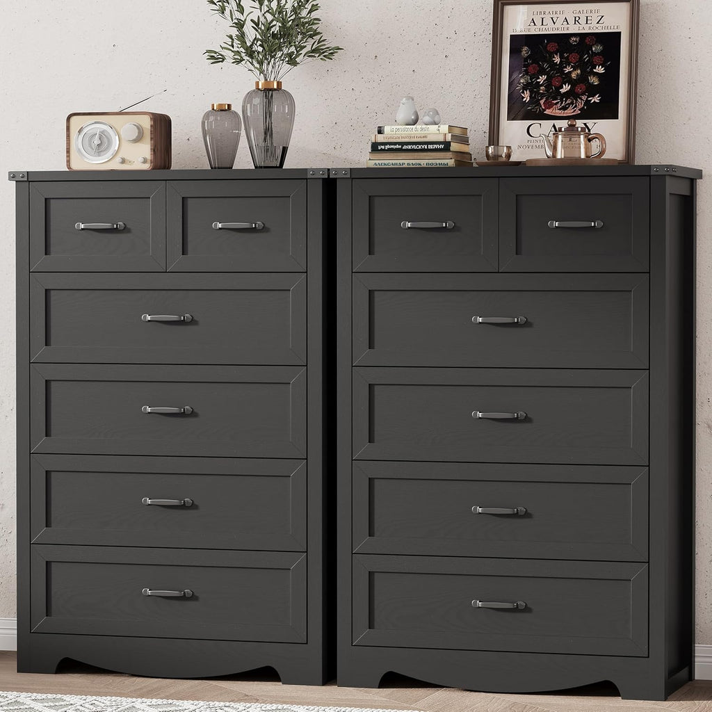 Dresser for Bedroom with 6 Drawers, 49' Tall Wood Chest of Drawers with Deep Drawers & Mental Handle, Modern Dresser TV Stand, Wooden Closet Storage Organizer for Living Room, Hallway, Entryway, Black