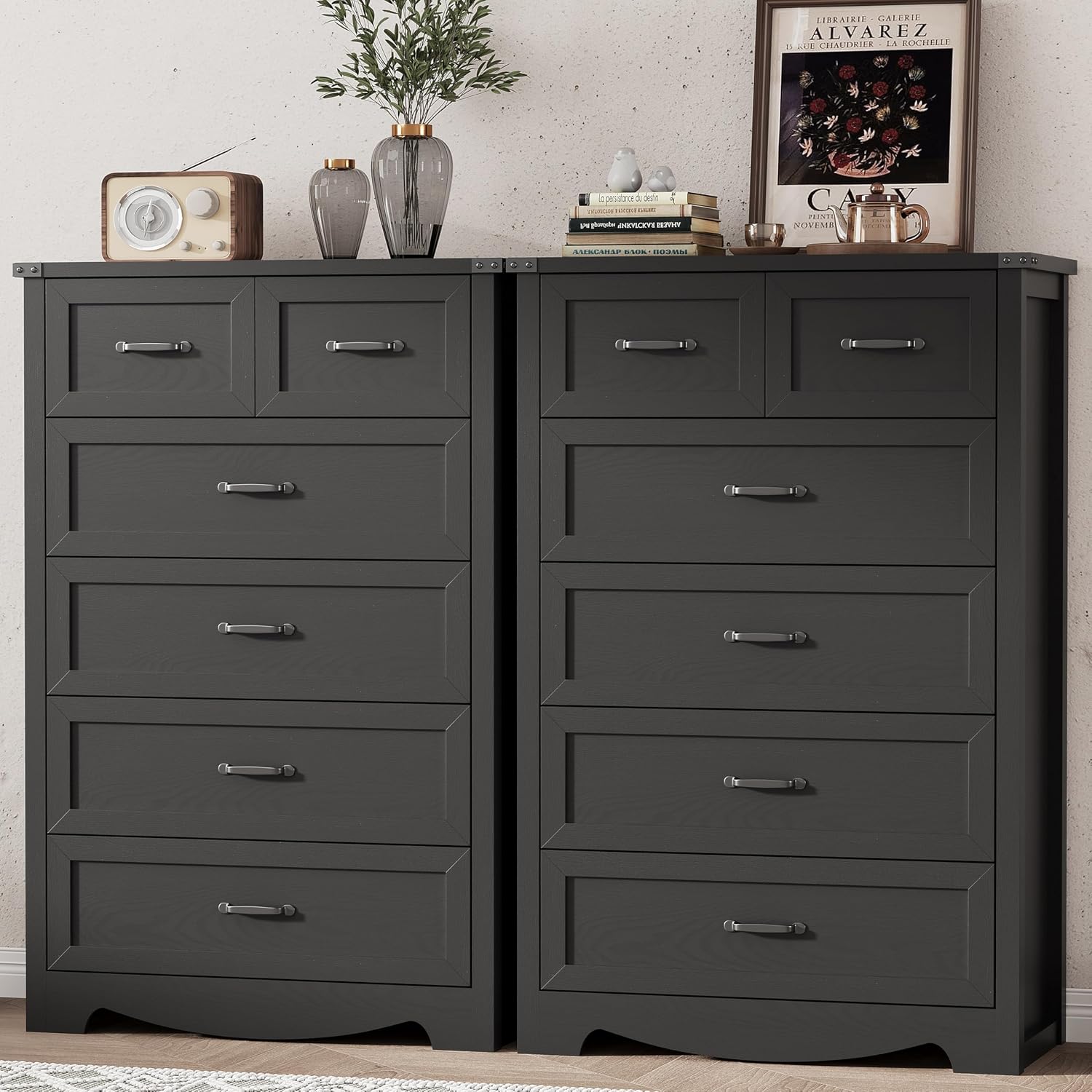 Dresser for Bedroom with 6 Drawers, 49' Tall Wood Chest of Drawers with Deep Drawers & Mental Handle, Modern Dresser TV Stand, Wooden Closet Storage Organizer for Living Room, Hallway, Entryway, Black